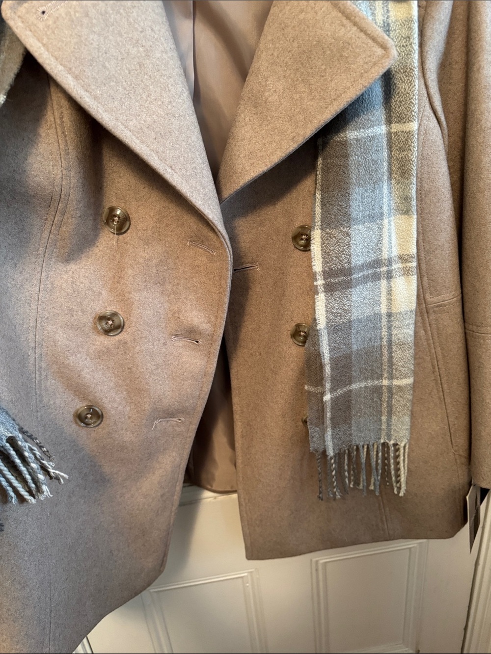 London Fog Taupe Double-Breasted Wool Peacoat with Plaid Scarf - Picture 7 of 9
